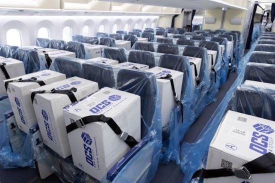 지난 4월 승객 대신 의료화물 운송을 시작한 전일본공수(ANA) 항공기가 의료물품이 든 상자를 기내에 실었다.